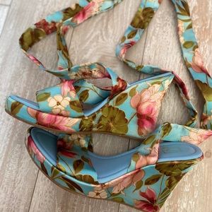 Floral wooden wedges , ankle tie straps